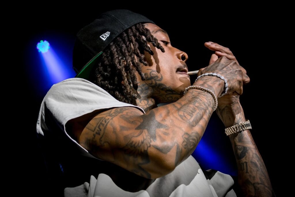 wiz, khalifa, rap, smoke, rapper, rapping, 420, concert, hip-hop, music, gangsta, man, dude, style, cap, tattoos, face, hat, hair, happy, black music, black happy, black smoke, black hair, black concert, black happiness